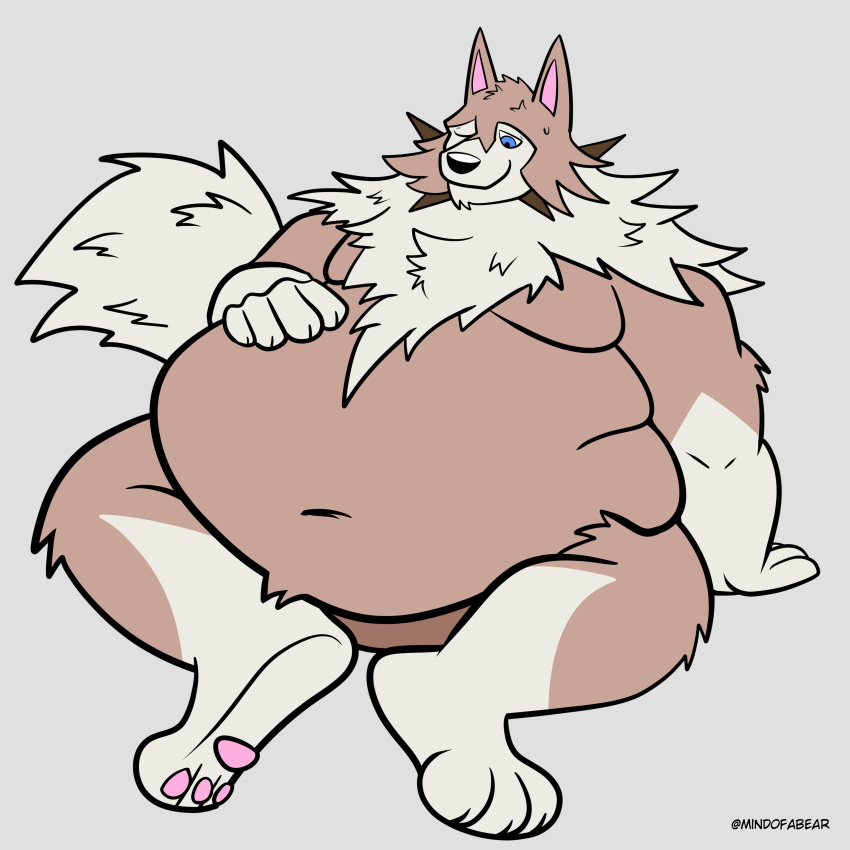 3_toes 5_fingers absurd_res anthro belly big_belly blue_eyes bodily_fluids feet fingers fluffy fur generation_7_pokemon grey_background hand_on_stomach hands_on_belly hi_res huge_belly leaning leaning_back leaning_on_arm looking_at_belly looking_down looking_down_at_self love_handles lycanroc male mindof multicolored_body multicolored_fur navel neck_tuft nintendo nude one_eye_closed overweight overweight_anthro overweight_male pawpads pink_inner_ear pink_pawpads pokemon pokemon_(species) simple_background sitting solo sweat sweatdrop tan_body tan_fur toes tuft twitter_handle two_tone_body two_tone_fur
