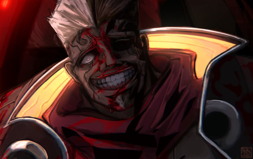 1boy blood blood_on_clothes close-up collar crazy_eyes crazy_smile cyberpunk cyberpunk_(series) cyberpunk_edgerunners cyborg facial_hair highres looking_down maine_(cyberpunk) muscular muscular_male red_background red_scarf satsu-strive scarf short_hair solo white_hair
