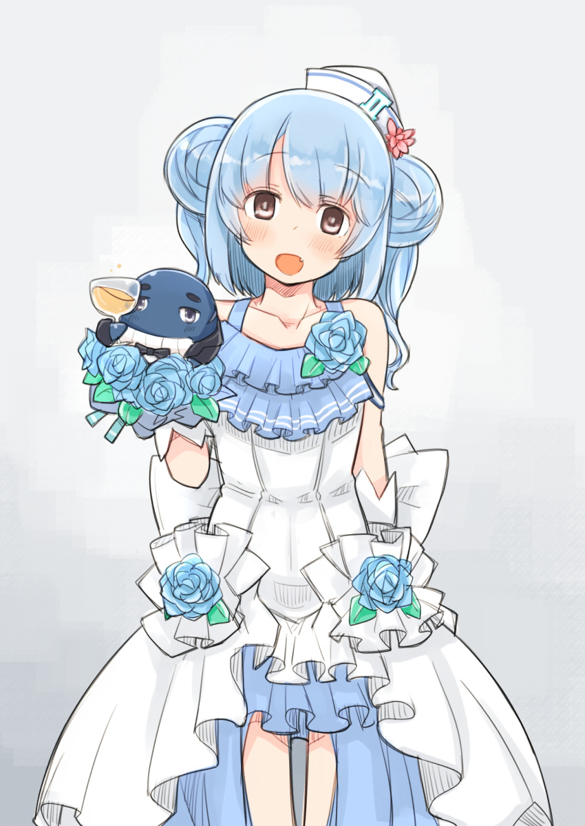 1girl black_ribbon blue_flower blue_hair blue_rose bouquet collarbone commentary_request commission cup dixie_cup_hat double_bun dress drinking_glass enjaku_izuku flower frilled_dress frills hair_bun hat hat_ribbon highres kantai_collection little_blue_whale_(kancolle) looking_at_viewer military_hat ribbon rose samuel_b._roberts_(kancolle) samuel_b._roberts_mk_ii_(kancolle) short_hair straight-on twintails whale white_dress white_headwear wine_glass yellow_eyes