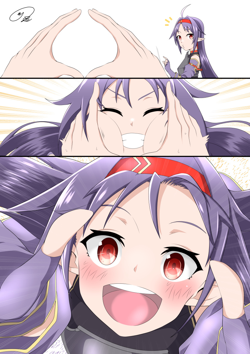 1girl :d absurdres ahoge armor blush commentary_request fingerless_gloves gloves hairband highres long_hair looking_at_viewer maximum7010 notice_lines pointy_ears purple_gloves purple_hair red_eyes red_hairband smile snoot_challenge solo_focus sword_art_online teeth tongue upper_teeth_only yuuki_(sao)