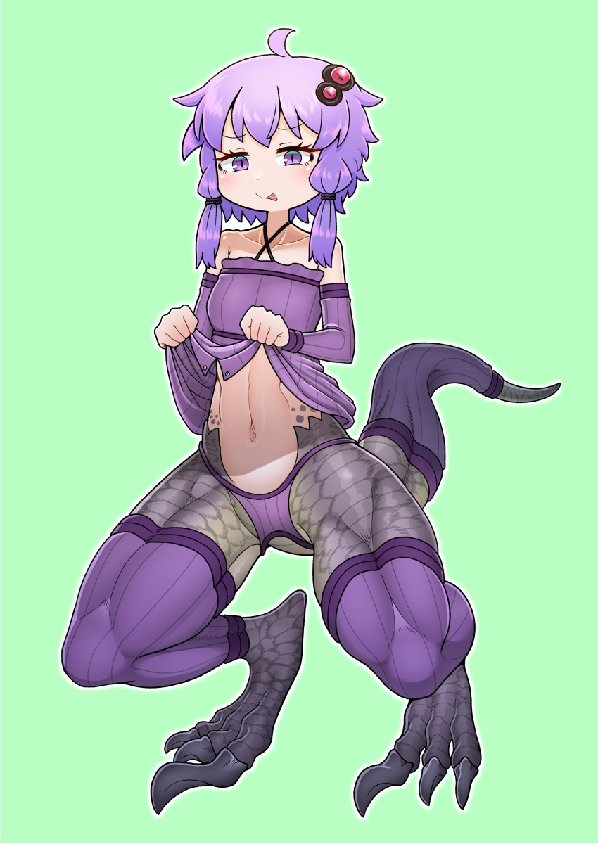 1girl :p absurdres adapted_costume clothes_lift criss-cross_halter dinosaur_girl dinosaur_tail dress dress_lift hair_ornament halter_dress halterneck highres holding lifted_by_self long_hair looking_at_viewer midriff monster_girl purple_dress purple_eyes purple_hair purple_thighhighs saeku_100kei short_hair_with_long_locks sidelocks slit_pupils smile solo tail tail_sleeve thighhighs tongue tongue_out voiceroid yuzuki_yukari