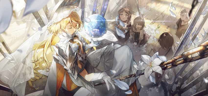 1girl alchemy_stars blonde_hair bokyo breasts brown_hair brown_shirt cage chain child cleavage_cutout closed_eyes clothing_cutout crystal_ball dress flower gabriel_(alchemy_stars) gabriel_(aura_of_solace)_(alchemy_stars) glint gloves highres kneeling long_dress long_hair official_art overalls people petals shirt short_sleeves shoulder_ar sitting small_breasts solo_focus stuffed_animal stuffed_rabbit stuffed_toy veil white_dress white_flower white_gloves