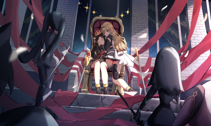 absurdres armchair benevole black_footwear black_hairband black_jacket blonde_hair boots brown_hair chair closed_eyes commission grimace hairband highres jacket long_hair red_eyes saijou_claudine shoujo_kageki_revue_starlight skeb_commission sword tearing_up tendou_maya throne tiara weapon yuri