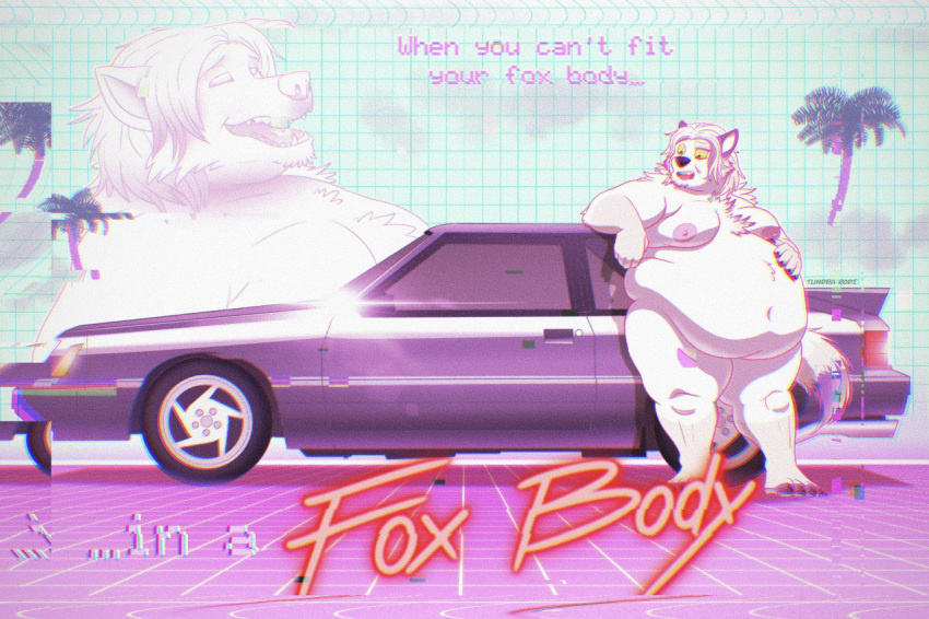 80's_theme anthro arctic_fox arm_tuft belly_overhang big_moobs black_body black_fur canid canine car chest_tuft elbow_tuft fox fur glitch hair hand_on_stomach leaning_on_object looking_at_another magenta_text male mammal mane moobs navel nude obese obese_anthro obese_male overweight overweight_anthro overweight_male palm_tree plant red_text rodi_(tundrarodi) sculpture solo statue text thick_thighs tree tuft tundrarodi vaporwave vehicle white_body white_fur white_hair yellow_sclera