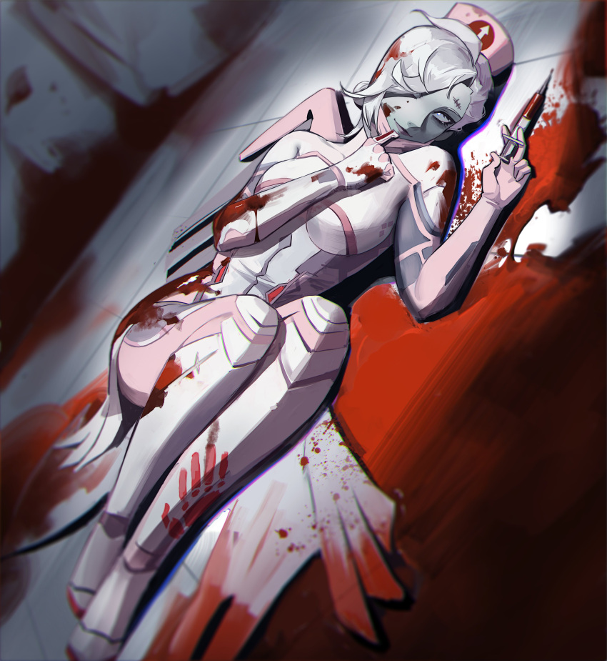 1girl absurdres blood blood_on_clothes blood_on_face blood_splatter closed_mouth full_body hair_over_one_eye headband highres legs_together looking_at_viewer mask mercy_(overwatch) nurse official_alternate_costume overwatch overwatch_2 pink_headband syringe white_hair wings yshua zombie