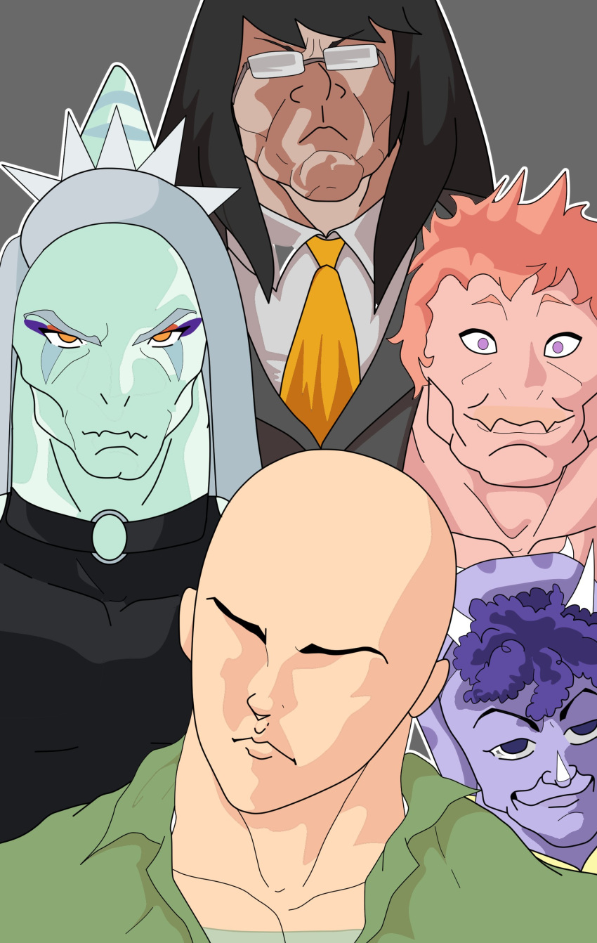 2023 3_horns absurd_res adult_swim amber_eyes anon_(snoot_game) anthro baki_the_grappler bald black_hair cartoon_network ceratopsian clothing digital_drawing_(artwork) digital_media_(artwork) dinosaur dromaeosaurid eyelashes eyeliner eyewear fang_(gvh) female frill_(anatomy) glasses goodbye_volcano_high grey_background grey_body grey_scales group hair halter_top hi_res horn human jacket light-skinned_male light_body light_skin long_hair looking_at_viewer makeup male mammal multi_horn muscular muscular_anthro muscular_female muscular_human muscular_male mystralinho necktie orange_hair ornithischian pink_body pink_scales primal_(series) principal_spears pterodactylus pterosaur purple_body purple_eyes purple_hair purple_scales reed_(gvh) reptile scales scalie short_hair silver_hair simple_background smile snoot_game suit theropod topwear triceratops trish_(gvh) velociraptor