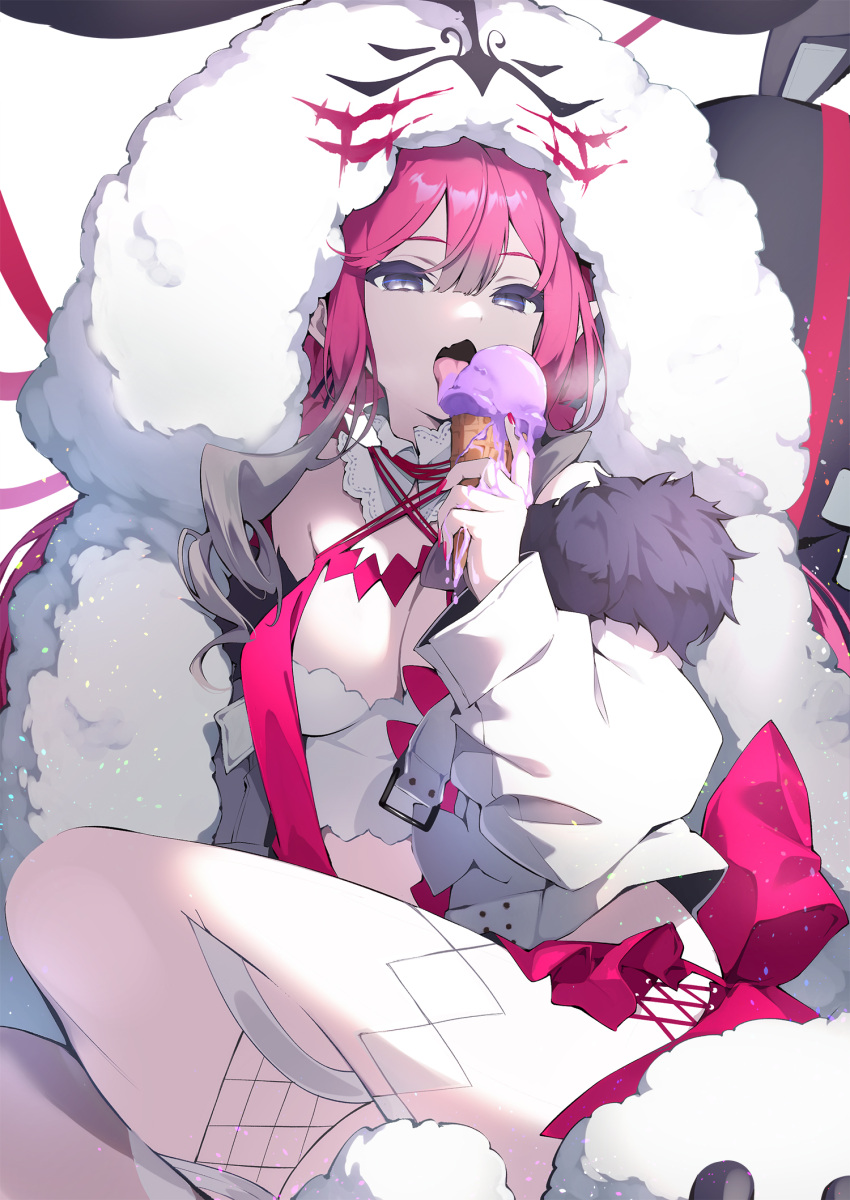 1girl baobhan_sith_(fate) baobhan_sith_(swimsuit_pretender)_(fate) breasts cernunnos_(fate) character_hood commentary_request fate/grand_order fate_(series) food grey_eyes highres ice_cream large_breasts long_hair looking_at_viewer open_mouth pilokey pink_hair pointy_ears sidelocks solo thighs