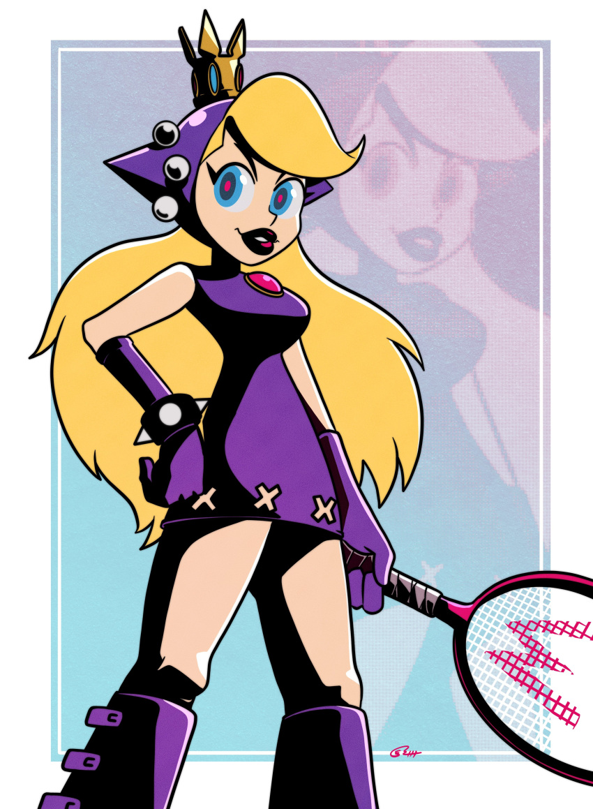 1girl absurdres black_lips blonde_hair blue_eyes boots breasts dress hand_on_own_hip highres holding_tennis_racket knee_boots lipstick long_hair looking_at_viewer makeup mario_(series) mario_tennis medium_breasts purple_dress roboticsteve solo wapeach