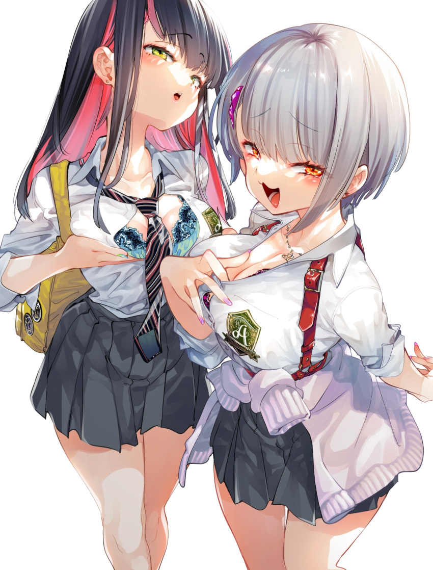 2girls bag black_hair black_necktie black_skirt blue_bra blue_nails bra bra_peek breasts cleavage collarbone collared_shirt colored_inner_hair green_eyes grey_hair hair_ornament highres jewelry kamizuki_shiki large_breasts long_hair multicolored_hair multiple_girls necklace necktie open_mouth orange_eyes original pink_hair pleated_skirt purple_nails red_bra school_bag school_uniform shirt short_hair skirt tied_sweater underwear white_shirt yellow_bag