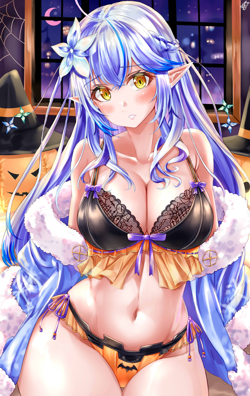 1girl absurdres ahoge ayakase_hotaru black_bra blue_hair blue_jacket blush bra breasts cleavage crescent_moon flower fur-trimmed_jacket fur_trim hair_flower hair_ornament halloween heart heart_ahoge highres hololive jack-o'-lantern jacket large_breasts looking_at_viewer moon multicolored_hair navel pointy_ears solo streaked_hair underwear virtual_youtuber yellow_eyes yukihana_lamy