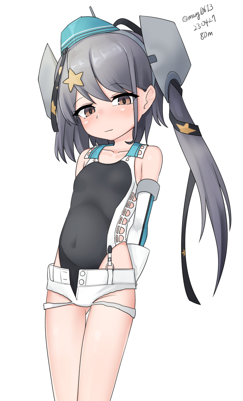 1girl absurdres aqua_headwear arms_behind_back black_one-piece_swimsuit black_ribbon brown_eyes competition_swimsuit garrison_cap gloves grey_hair hair_ornament hair_ribbon hat highleg highleg_swimsuit highres kantai_collection long_hair looking_at_viewer maru_(marg0613) one-hour_drawing_challenge one-piece_swimsuit ribbon scamp_(kancolle) short_shorts shorts side_ponytail simple_background solo star_(symbol) star_hair_ornament swimsuit two-tone_one-piece_swimsuit white_background white_gloves white_shorts
