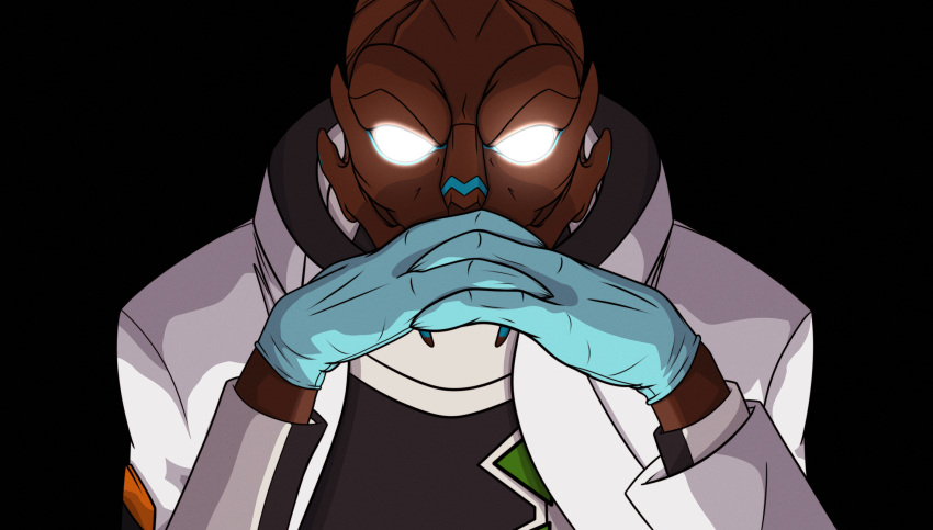 alien alitri_vimus black_background bodypaint clothing coat doctor face_paint female gendou_pose gloves glowing glowing_eyes handwear hi_res humanoid interlocked_fingers lab_coat latex_gloves looking_at_viewer mass_effect meme simple_background solo sypherus topwear turian