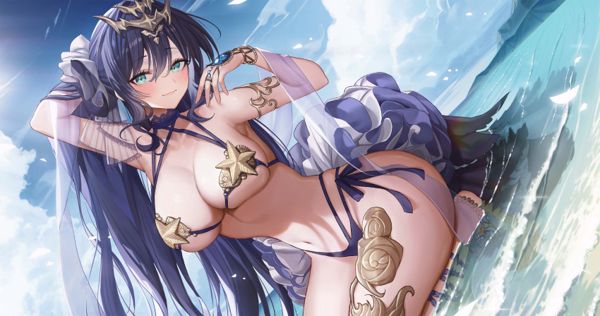 1girl absurdres arm_up armlet bikini blue_eyes blue_sky bracelet breasts cleavage closed_mouth cloud commentary_request day dutch_angle goddess_paradise hair_between_eyes hair_ornament halterneck highres horizon jewelry large_breasts long_hair looking_at_viewer micro_bikini multi-strapped_bikini navel official_art outdoors purple_bikini purple_hair sanada_keisui seiza sitting sky smile soaking_feet solo starfish_bikini swimsuit very_long_hair water