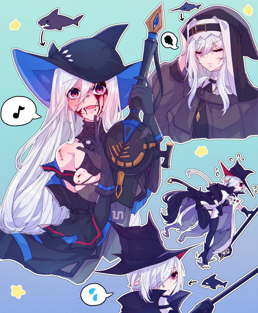 3girls arknights ascot black_ascot black_cape black_coat black_gloves black_headwear blood blood_on_face blue_background blush body_switch cape capelet closed_eyes closed_mouth coat commentary_request finger_to_own_chin fish gladiia_(arknights) gloves gradient_background grey_capelet habit hair_over_one_eye hand_on_own_head hat high_collar high_heels highres holding holding_polearm holding_sword holding_weapon jewelry long_hair looking_at_viewer multiple_girls multiple_views musical_note necklace nun open_mouth orca outline pants personality_switch pointy_ears pointy_hat polearm red_eyes shark short_hair sidelocks single_bare_shoulder skadi_(arknights) specter_(arknights) spoken_musical_note spoken_squiggle spoken_sweatdrop squiggle star_(symbol) sweatdrop sword swordfish teeth tight_clothes tight_pants torn_clothes tricorne tripping tsume3mai weapon white_ascot white_hair white_outline white_pants