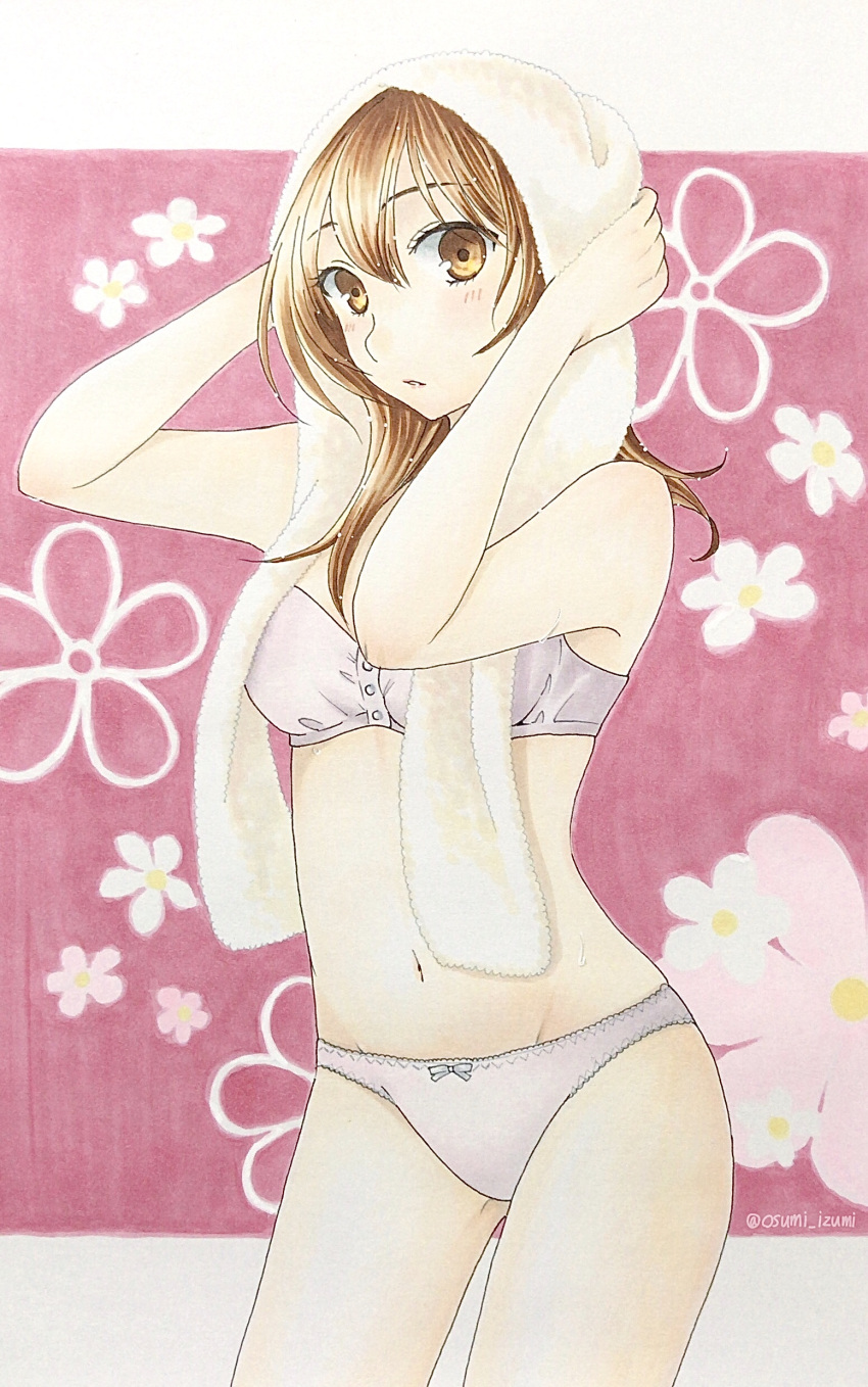 1girl absurdres blush bow bow_panties bra breasts brown_eyes brown_hair closed_mouth commentary cowboy_shot drying drying_hair floral_background groin highres holding holding_towel lace-trimmed_panties lace_trim light_frown looking_at_viewer marker_(medium) medium_breasts medium_hair navel original osumi_izumi panties solo standing towel traditional_media twitter_username underwear underwear_only white_bra white_panties