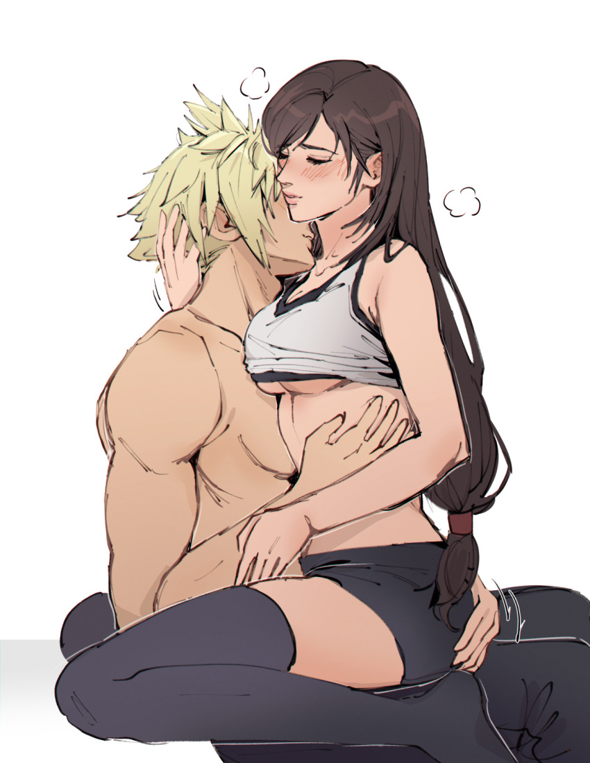 1boy 1girl bike_shorts black_thighhighs blonde_hair blue_eyes blush breasts cloud_strife crop_top final_fantasy final_fantasy_vii final_fantasy_vii_remake hand_on_another's_arm hand_on_another's_head hand_on_another's_stomach hetero highres kiss kissing_neck long_hair low-tied_long_hair pudelmudel spiked_hair thighhighs tifa_lockhart topless_male underboob