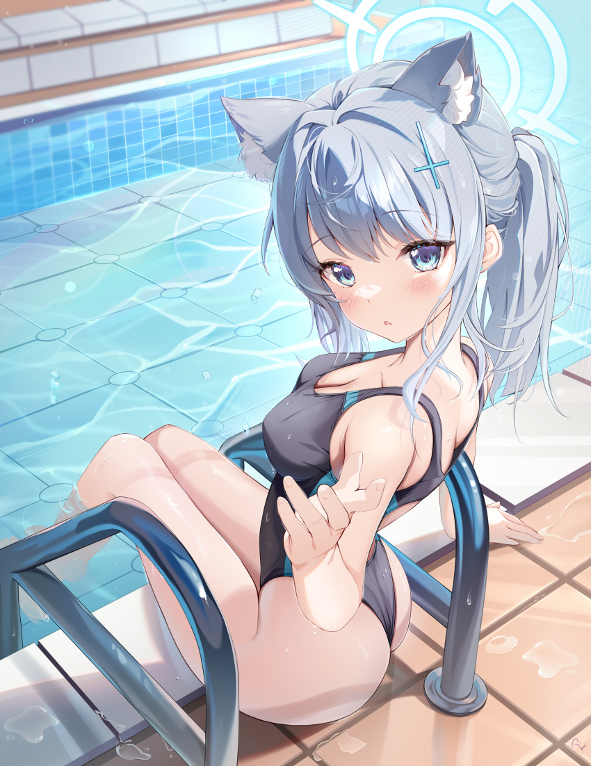 1girl absurdres animal_ear_fluff animal_ears black_one-piece_swimsuit blue_archive blue_eyes breasts commentary_request competition_swimsuit cross_hair_ornament extra_ears from_behind grey_hair hair_ornament halo highres looking_at_viewer looking_back low_ponytail medium_breasts medium_hair mismatched_pupils multicolored_clothes multicolored_swimsuit official_alternate_costume one-piece_swimsuit pool pool_ladder shiroko_(blue_archive) shiroko_(swimsuit)_(blue_archive) sitting soaking_feet solo swimsuit teeth_bro water wolf_ears