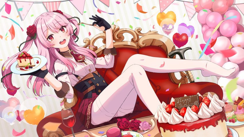 1girl absurdres armchair balloon birthday_cake black_gloves blush breasts cake cake_slice chair confetti food food_on_face fork gloves happy_birthday highres holding holding_food holding_fork open_mouth pantyhose partially_fingerless_gloves rosemi_lovelock sitting small_breasts solo white_pantyhose