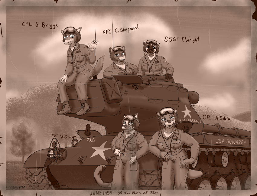 2023 absurd_res american_badger anthro badger boots calico_cat canid canine canis carol_shepherd clothing cloud coyote domestic_cat eyewear eyewear_on_head felid feline felis female footwear gesture goggles goggles_on_head group hi_res hill huge_filesize jerrycan korean_war looking_at_viewer m1919 m47_patton mammal military military_uniform monochrome mustelid musteline panzerschreckleopard photo plant red_wolf sepia smile tank tanker_helmet teeth text tree uniform vehicle waving wolf