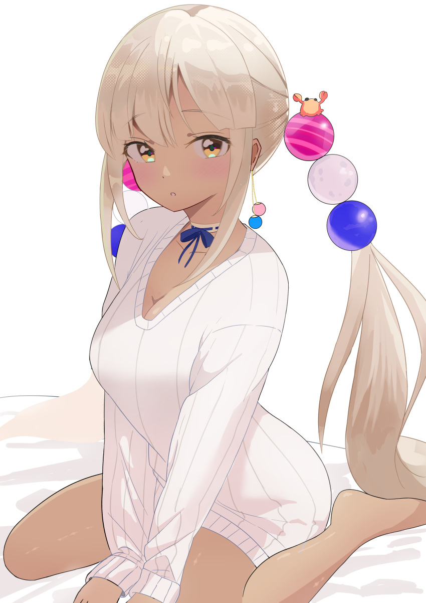 1girl absurdres arms_between_legs barefoot blonde_hair blue_ribbon breasts cleavage dark-skinned_female dark_skin deozt earrings hair_between_eyes hair_bobbles hair_ornament highres hololive jewelry large_breasts light_blush long_hair long_sleeves looking_at_viewer naked_sweater neck_ribbon no_pants parted_lips ribbed_sweater ribbon sidelocks sitting solo sweater tsukumo_sana twintails very_long_hair virtual_youtuber wariza white_sweater yellow_eyes