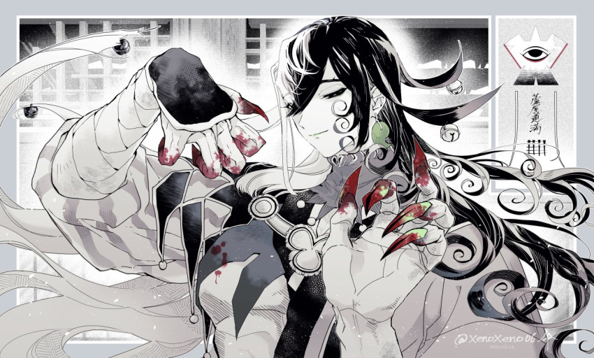 1boy ashiya_douman_(fate) asymmetrical_hair bell black_eyes black_hair blood blood_on_hands curly_hair earrings eyeshadow fate/grand_order fate_(series) fingernails green_eyeshadow green_lips green_nails hair_bell hair_between_eyes hair_intakes hair_ornament half-closed_eyes hands_up haya_(xenoxeno06) jewelry large_hands long_hair looking_down magatama magatama_earrings makeup male_focus multicolored_hair sharp_fingernails shikishi smile solo spot_color toned toned_male two-tone_hair underpec upper_body very_long_fingernails very_long_hair white_hair