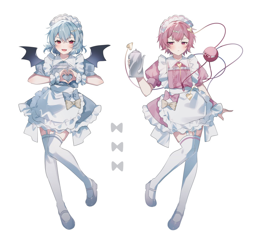 2girls :d absurdres alternate_costume apron bat_wings blue_bow blue_dress blue_hair blush bow closed_mouth commentary_request dress enmaided frilled_apron frills full_body garter_straps grey_footwear hair_ornament hairclip heart heart_hair_ornament highres holding holding_teapot komeiji_satori looking_at_viewer maid maid_apron maid_headdress mary_janes multiple_girls pink_dress pink_eyes pink_hair puffy_short_sleeves puffy_sleeves red_eyes remilia_scarlet shoes short_hair short_sleeves simple_background smile sorani_(kaeru0768) teapot thighhighs third_eye touhou white_apron white_background white_thighhighs wings yellow_bow