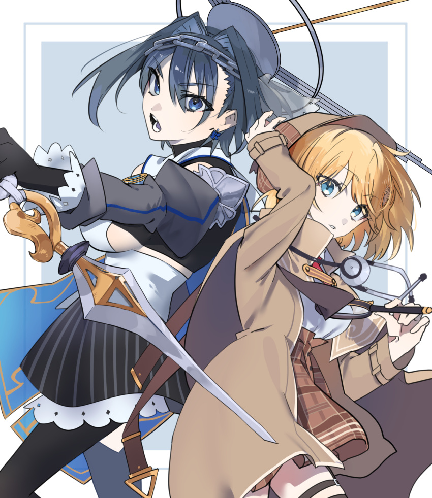 2girls aasu_(mhgbh510) absurdres arm_up black_gloves black_thighhighs blonde_hair blue_bow blue_cape blue_eyes blue_hair blue_ribbon bow bow_earrings breasts brown_capelet brown_coat brown_headwear cape capelet chain chain_headband cleavage_cutout clothing_cutout coat collar collared_shirt deerstalker detached_sleeves earrings gloves hair_intakes hair_ornament halo hat high-waist_skirt highres holding holding_magnifying_glass holding_sword holding_weapon hololive hololive_english jewelry large_breasts looking_at_viewer magnifying_glass mechanical_halo medium_breasts miniskirt monocle_hair_ornament multiple_girls necktie open_clothes open_mouth ouro_kronii ouro_kronii_(1st_costume) plaid plaid_skirt pleated_skirt red_necktie ribbon shirt short_hair short_necktie sideboob skirt sleeveless sleeveless_shirt sleeveless_turtleneck stethoscope sword teeth thigh_strap thighhighs tongue tongue_out turtleneck veil virtual_youtuber watson_amelia watson_amelia_(1st_costume) weapon white_shirt