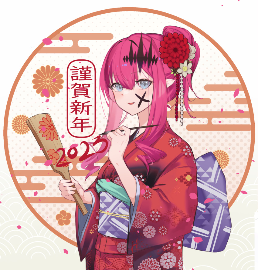 1girl baobhan_sith_(fate) breasts calligraphy_brush fate/grand_order fate_(series) flower grey_eyes hagoita hair_bun hair_flower hair_ornament highres holding holding_paddle japanese_clothes kimono long_hair long_sleeves looking_at_viewer medium_breasts obi open_mouth paddle paintbrush pink_hair pointy_ears red_kimono sash sidelocks single_hair_bun smile solo translation_request ura_illust wide_sleeves