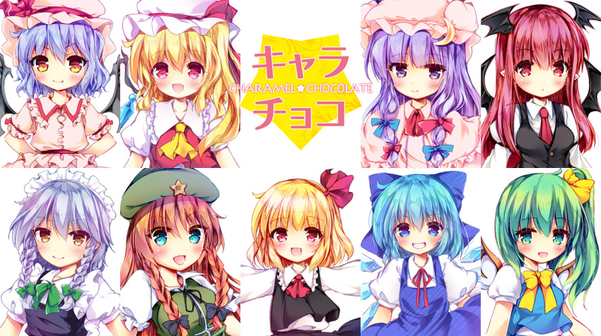 6+girls ascot bat_wings beret black_skirt black_vest blonde_hair blue_bow blue_dress blue_eyes blue_hair blue_vest blush bow bowtie braid breasts brown_eyes capelet cirno closed_mouth collarbone collared_shirt crescent crescent_hat_ornament crystal daiyousei detached_wings dress enjoy_mix fairy_wings fang fang_out flandre_scarlet frilled_capelet frilled_shirt_collar frilled_sleeves frills green_bow green_bowtie green_hair green_headwear hair_between_eyes hair_bow hat hat_ornament head_wings hong_meiling ice ice_wings izayoi_sakuya juliet_sleeves koakuma long_hair long_sleeves looking_at_viewer maid maid_headdress medium_breasts medium_hair meikasai mob_cap multiple_girls necktie one_side_up open_mouth patchouli_knowledge pinafore_dress pink_capelet pink_dress pink_headwear pink_shirt pink_skirt pointy_ears puffy_short_sleeves puffy_sleeves purple_eyes purple_hair red_ascot red_eyes red_hair red_necktie red_vest remilia_scarlet rumia shirt short_sleeves skirt small_breasts smile star_(symbol) star_hat_ornament striped striped_dress t-pose touhou twin_braids upper_body vest white_headwear white_shirt wings yellow_necktie