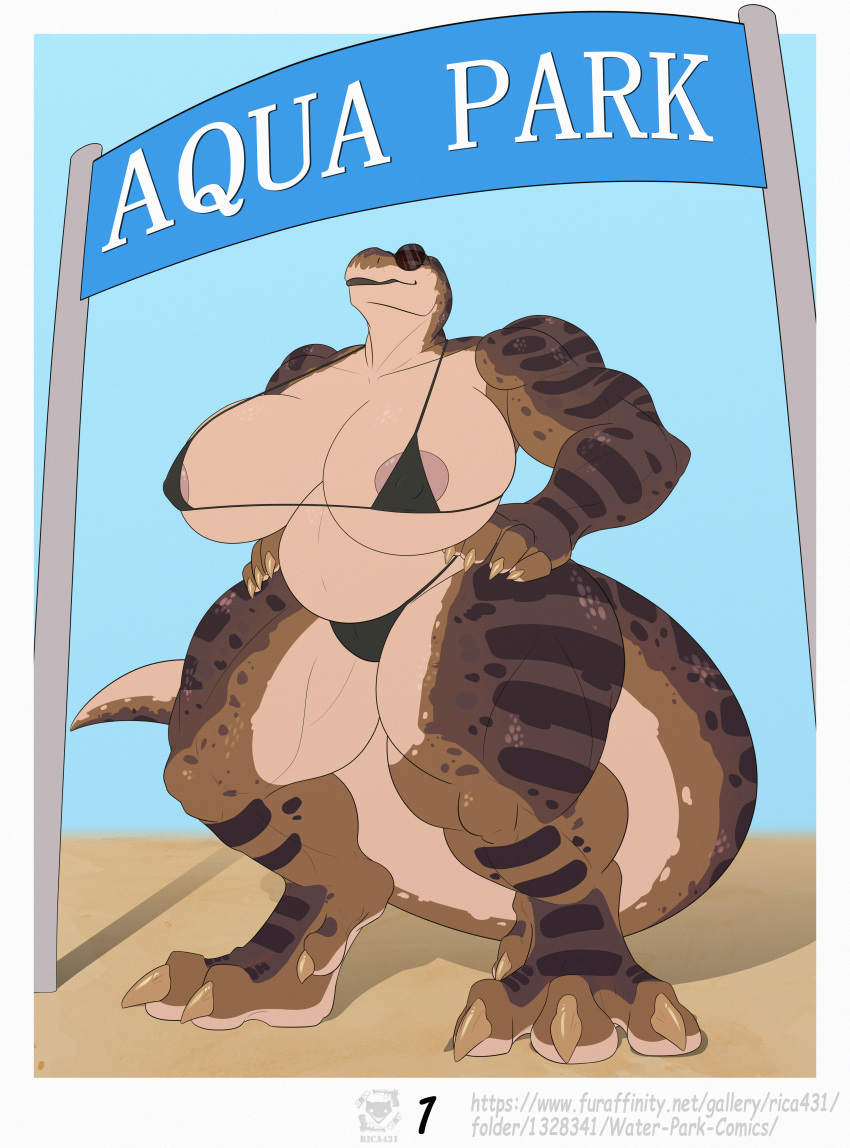 absurd_res anthro areola areola_slip big_breasts big_feet bikini breasts brown_body claws clothing cover cover_art cover_page digital_media_(artwork) dinosaur eyewear feet female hands_on_hips hi_res muscular muscular_anthro muscular_arms muscular_female muscular_thighs potbelly reptile rica431 scalie sunglasses swimwear theropod thick_thighs tyrannosaurid tyrannosaurus tyrannosaurus_rex wide_hips