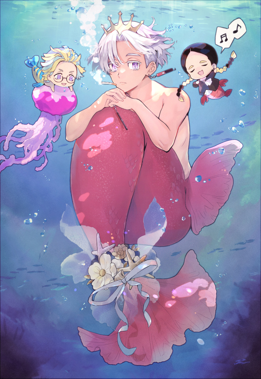 3boys air_bubble animal arthropod_boy blue_background bmw_(man24) braid bright_pupils bubble chibi cigarette closed_mouth colored_eyelashes completely_nude crab_boy earrings fins fish flower full_body glasses haitani_ran haitani_rindou highres holding jellyfish jewelry kurokawa_izana looking_at_another looking_at_viewer male_focus merman monster_boy monsterification multicolored_hair multiple_boys music musical_note nude purple_eyes red_scales ribbon scales short_hair singing spoken_musical_note starfish streaked_hair tail tail_flower tail_ornament tail_ribbon tiara tokyo_revengers twin_braids underwater white_flower white_hair