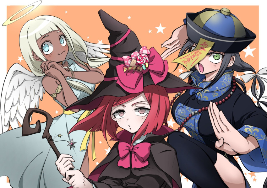 3girls :3 :o angel bare_shoulders black_cape black_dress black_hair black_headwear black_thighhighs blonde_hair blue_dress blue_headwear blush border bow bowtie brown_headwear candy cape chabashira_tenko clothing_request danganronpa_(series) danganronpa_v3:_killing_harmony dark-skinned_female dark_skin dress feathered_wings fighting_stance food green_eyes grey_dress hair_ribbon halo hands_up hat hat_bow holding holding_staff karate knee_up long_hair long_sleeves multicolored_clothes multicolored_dress multicolored_headwear multiple_girls orange_background own_hands_clasped own_hands_together pink_bow pink_bowtie red_hiar ribbon shachoo_(poco_poco) staff star_(symbol) thighhighs white_border white_ribbon wings witch_hat yonaga_angie yumeno_himiko