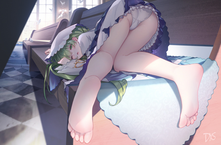 1girl artist_name ass bare_legs barefoot bird blue_dress cecilia_(shiro_seijo_to_kuro_bokushi) church commentary_request crossed_bangs daxieshen_huashi dress eyelashes feet foot_focus foreshortening frilled_dress frills full_body green_eyes green_hair hair_between_eyes indoors knees_together_feet_apart legs long_hair long_sleeves looking_at_viewer on_bench one_eye_closed panties partially_visible_vulva shadow shiro_seijo_to_kuro_bokushi soles solo tile_floor tiles toes top-down_bottom-up two-tone_dress underwear white_bird white_dress white_headwear white_panties window