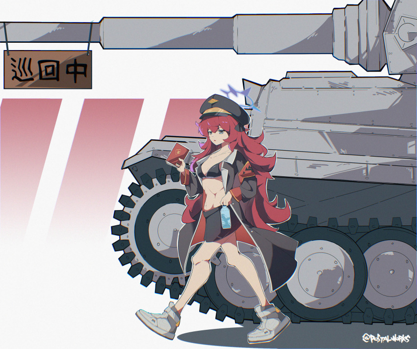 1girl abs armband black_bra black_jacket blue_archive bottle bra grey_eyes halo hat highres holding holding_bottle iroha_(blue_archive) jacket long_hair long_sleeves military military_uniform military_vehicle motor_vehicle peaked_cap postalworks red_hair tank translation_request twitter_username underwear uniform water_bottle wavy_hair