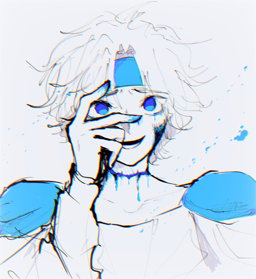 1boy bleeding blood blood_on_hands blood_splatter blue_blood blue_eyes blue_headband chromatic_aberration english_commentary eveo evil_smile furrowed_brow hand_on_own_face headband highres long_sleeves looking_at_viewer madou_monogatari male_focus messy_hair neon_palette open_mouth parted_bangs puyopuyo schezo_wegey short_hair simple_background slit_throat smile solo spot_color white_background white_hair