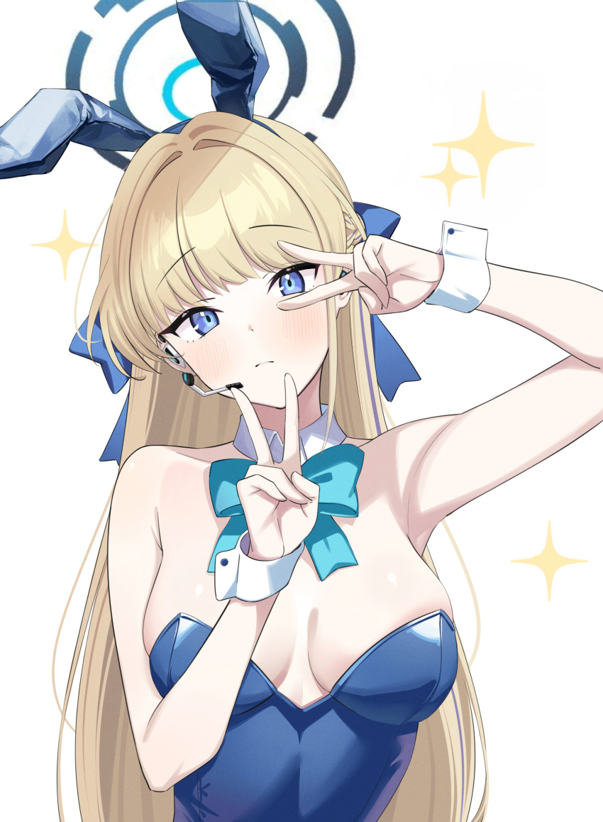 1girl absurdres animal_ears aqua_bow aqua_bowtie armpits bare_shoulders blonde_hair blue_archive blue_eyes blue_halo blue_leotard blush bow bowtie breasts cleavage detached_collar earpiece fake_animal_ears halo highres leotard long_hair official_alternate_costume playboy_bunny solo sparkle strapless strapless_leotard toki_(blue_archive) toki_(bunny)_(blue_archive) v white_wrist_cuffs wrist_cuffs xiaoxiao_de_kuangsan