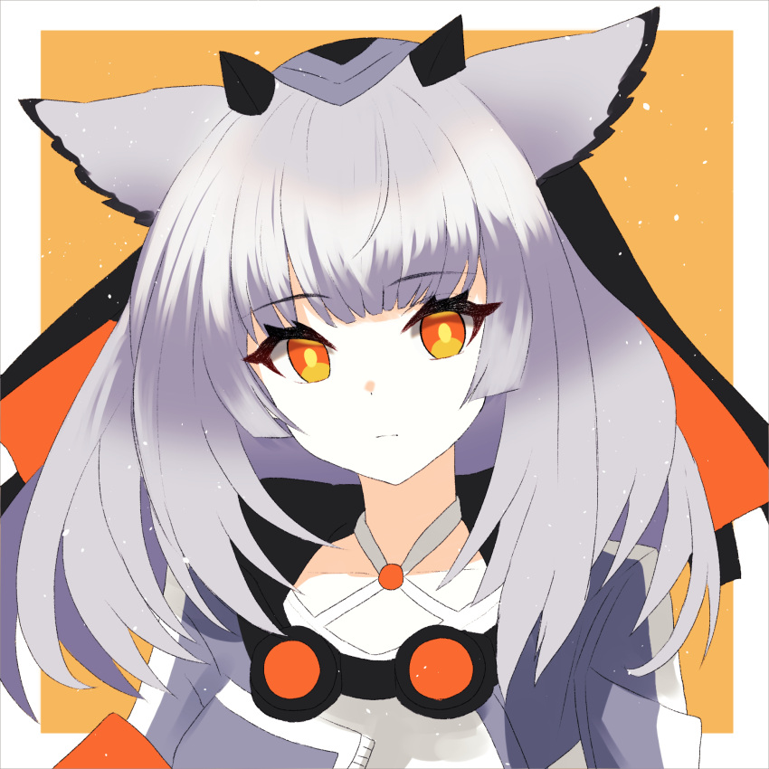 1girl animal_ears arknights closed_mouth collarbone dr.lamina goggles goggles_around_neck grey_hair grey_jacket highres horns jacket long_hair looking_at_viewer orange_background orange_eyes ptilopsis_(arknights) solo upper_body