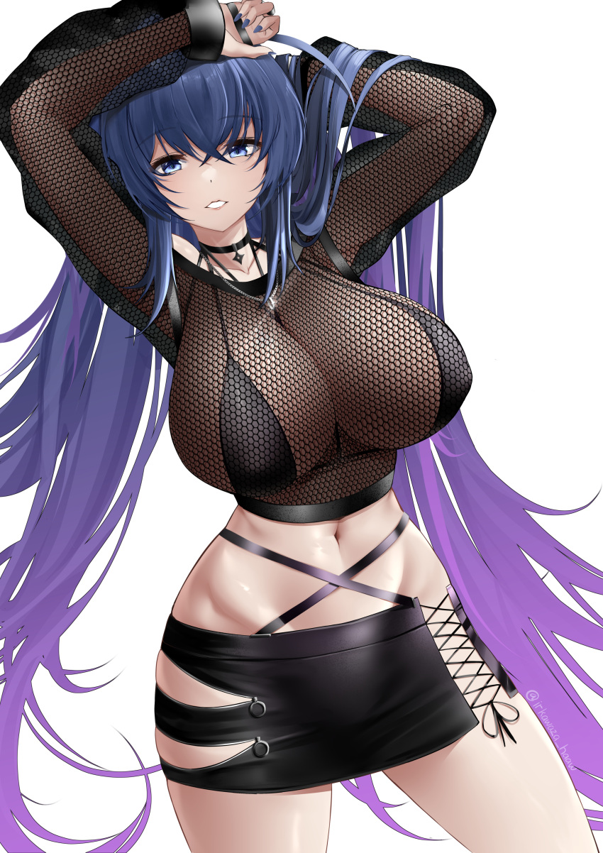 1girl absurdres arms_up azur_lane bikini black_bikini black_choker black_skirt blue_eyes blue_hair blue_nails breasts choker collarbone commentary covered_nipples cowboy_shot crop_top fingernails fishnet_top fishnets groin hair_between_eyes hair_intakes highres irkawaza jewelry large_breasts long_fingernails long_hair looking_at_viewer midriff miniskirt navel necklace new_jersey_(azur_lane) official_alternate_costume parted_lips see-through_cleavage side_cutout sidelocks simple_background skirt solo standing swimsuit twitter_username very_long_hair white_background zozotown