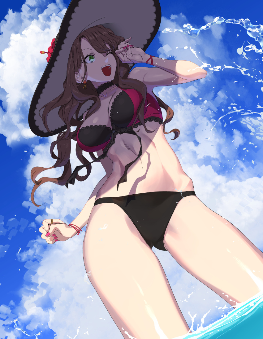 1girl absurdres bracelet breasts brown_hair cleavage cloud cloudy_sky commission commissioner_upload dorothea_arnault dorothea_arnault_(summer) earrings fire_emblem fire_emblem:_three_houses fire_emblem_heroes flower green_eyes hat hat_flower highres jewelry large_breasts long_hair midriff nail_polish official_alternate_costume open_mouth rasupekuto skeb_commission sky solo swimsuit thighs water