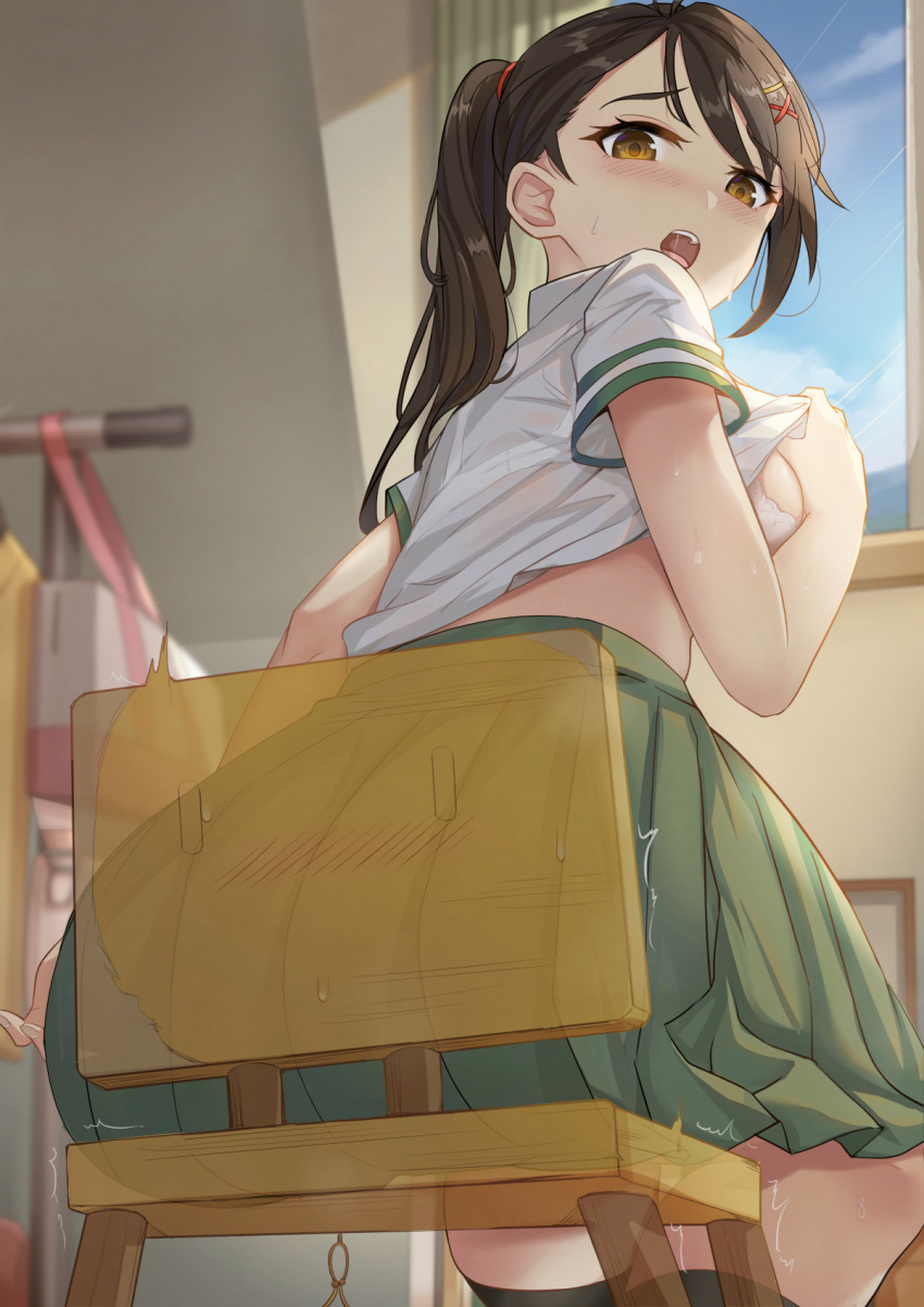 1girl ass bag blush bra breasts brown_eyes brown_hair chair clothes_lift green_skirt hair_tie highres looking_at_viewer looking_back open_mouth ponytail school_uniform see-through sitting skirt suzume_(suzume_no_tojimari) suzume_no_tojimari underwear white_bra yougen_kitsune