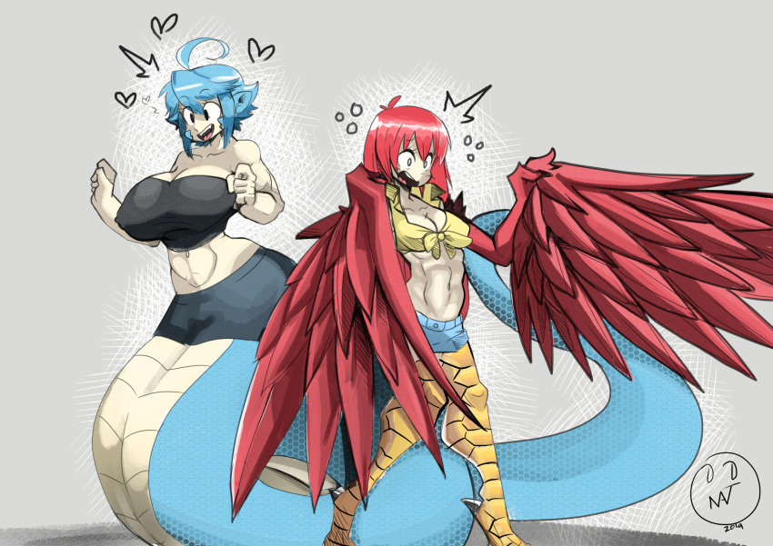 &lt;3 2019 ahoge apode attribute_theft avian big_breasts blue_body blue_hair blue_scales blue_skin blue_tail blush body_swap bottomwear breast_reduction breasts claws clothing confusion digital_drawing_(artwork) digital_media_(artwork) draconcopode duo european_mythology eyelashes facial_markings feathers feet female front_view glistening glistening_body glistening_hair glistening_skin greek_mythology grey_background hair happy harpy head_markings head_swap hi_res lamia legless long_body markings miia_(monster_musume) monster_girl_(genre) monster_musume mythological_avian mythology navel onatart open_mouth pants papi_(monster_musume) prick_ears pupils red_body red_feathers red_wings reptile scales scalie serpentine sharp_teeth short_hair shorts signature simple_background smile snake split_form standing tail talons teeth toe_claws toes topwear white_body white_pupils white_skin winged_arms wings
