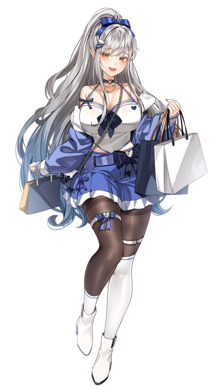 1girl absurdres bag blue_choker blue_skirt breasts choker cleavage commission detached_sleeves grey_hair hair_ribbon halterneck heart heart_choker highres large_breasts long_hair looking_at_viewer mismatched_socks open_mouth pantyhose pleated_skirt pointy_ears ponytail ribbon sayan shopping_bag skirt smile socks solo white_footwear white_socks