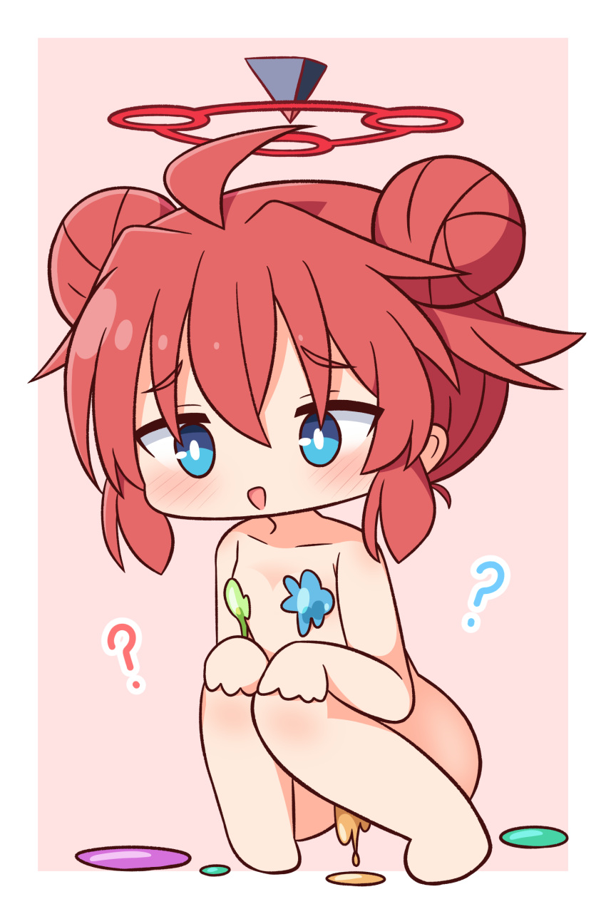 1girl :d ? absurdres ahoge barefoot blue_archive blue_eyes blush bodypaint breasts chibi collarbone commentary_request double_bun full_body hair_between_eyes hair_bun halo hana_kazari hands_on_own_knees highres knees_together_feet_apart knees_up maki_(blue_archive) naked_paint paint_splatter pink_background red_hair sidelocks small_breasts smile solo squatting two-tone_background white_background