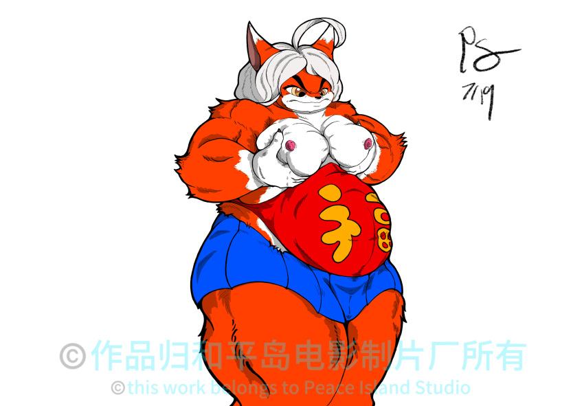 alien anthro big_breasts big_butt blue_clothing breast_grab breast_squish breasts butt canid canine clothing embarrassed fox hair half_naked hand_on_breast herm herm_(lore) hi_res huge_breasts intersex mammal muscular muscular_anthro muscular_thighs orange_body overweight peakon qian red_clothing slightly_chubby solo squish thick_thighs white_hair wide_hips