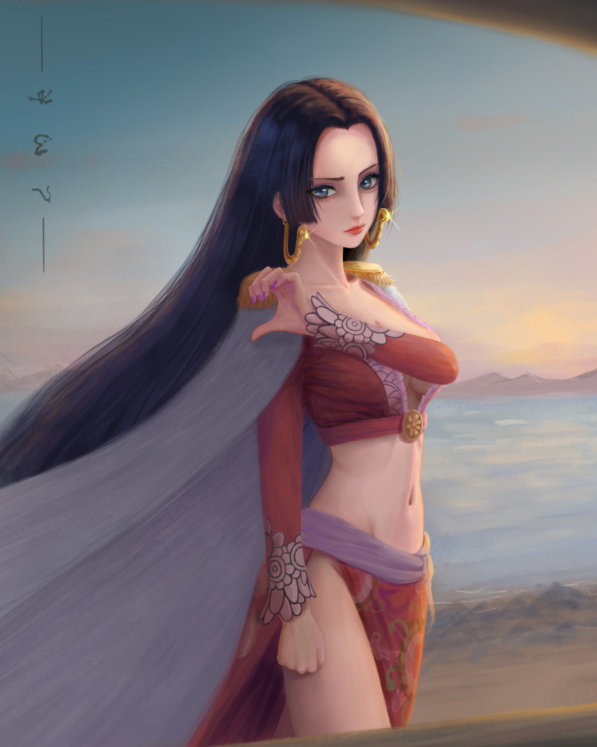 absurdres arm_across_chest beach black_hair blue_eyes boa_hancock cape crop_top dress earrings highres jewelry lipstick long_hair looking_at_viewer makeup midriff navel ocean one_piece painting_(medium) side_slit snake_earrings thighs traditional_media very_long_hair watercolor_(medium) white_cape