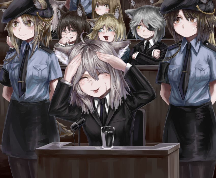 6+girls :p absurdres ah_eto..._bleh_(meme) ahoge aiguillette animal_ear_fluff animal_ears armband beret black_necktie black_pantyhose black_skirt black_suit blonde_hair blue_eyes blue_shirt breast_pocket brown_eyes brown_hair closed_eyes diu9you english_commentary epaulettes eyepatch formal glass glasses green_eyes grey_hair hat highres long_sleeves medium_skirt meme microphone military military_police multiple_girls necktie original pantyhose pocket police police_uniform scar scar_on_face shirt short_sleeves skirt suit tail tongue tongue_out uniform wolf_ears wolf_girl wolf_tail yellow_eyes