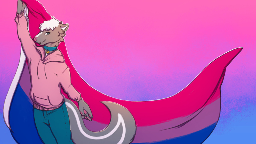 16:9 anthro blue_bottomwear blue_clothing blue_collar blue_eyes blue_pants bottomwear clothed clothing collar flag fur grey_body grey_fur grey_tail hair holding_flag holding_object hoodie lgbt_pride lionfloof looking_at_viewer male mammal mephitid pants pink_clothing pink_hoodie pink_topwear pride_color_flag pride_colors short_hair skunk smile solo standing tail topwear white_hair white_tail widescreen