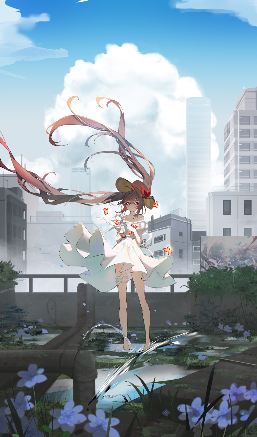 1girl absurdres bare_shoulders barefoot black_nails blue_flower blue_sky blush bow bracelet brown_hair brown_headwear bug building butterfly butterfly_wings city cloud cloudy_sky collarbone day dress fingernails flower flower-shaped_pupils flying full_body genshin_impact grass hair_between_eyes hands_up hat hat_bow highres hu_tao_(genshin_impact) jewelry leaf long_fingernails long_hair looking_to_the_side nail_polish off-shoulder_dress off_shoulder open_mouth outdoors qixia red_bow red_eyes short_sleeves sidelocks sky skyscraper solo standing symbol-shaped_pupils teeth toenail_polish toenails twintails water white_bow white_dress wings
