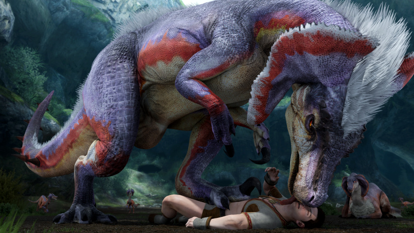 16:9 3d_(artwork) 4k absurd_res back_tuft bird_wyvern capcom cave claws clothed clothing detailed_background digital_media_(artwork) dinosaur dominant duo_focus eyes_closed face_lick female feral foot_on_crotch frill_(anatomy) fur grass group hair half-closed_eyes head_crest head_frill head_tuft hi_res human ivorylagiacrus jaggi larger_feral larger_male licking looking_at_another looking_down lying male male/male mammal membrane_(anatomy) membranous_frill monster_hunter multicolored_body multicolored_scales narrowed_eyes neck_lick on_back on_ground open_mouth outside pinned pinned_to_ground plant pubic_boot pupils purple_body purple_scales red_body red_eyes red_scales reptile scales scalie sharp_claws size_difference slit_pupils smaller_human smaller_male spiked_tail spikes spikes_(anatomy) stepped_on tail theropod tongue tongue_out tuft white_body white_fur white_hair white_scales widescreen wrinkles