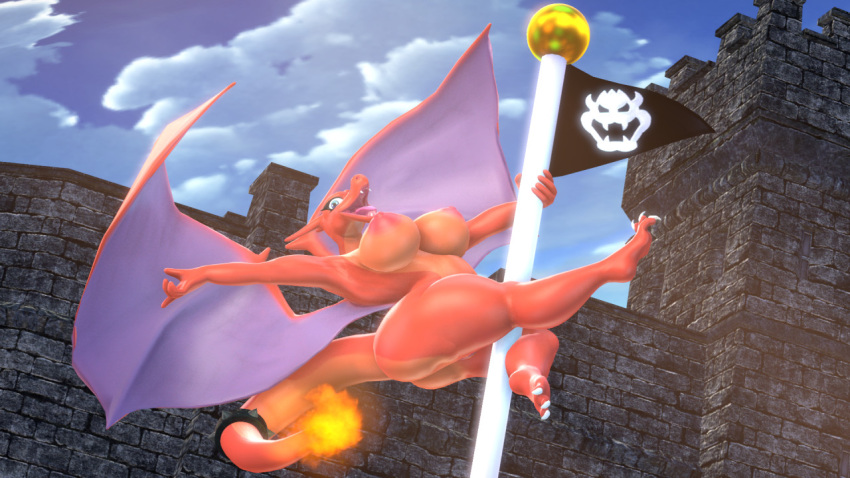 3d_(artwork) accessory anthro barely_visible_genitalia barely_visible_pussy big_breasts breasts charizard claws dancing digital_media_(artwork) dragon female flag furgonomics generation_1_pokemon genitals huge_breasts jewelry mario_bros membrane_(anatomy) membranous_wings nintendo nipples pokemon pokemon_(species) pole pole_between_legs pole_dancing pose pussy ring scalie smile solo source_filmmaker tail tail_accessory tail_jewelry tail_ring thick_thighs tigura tongue wings